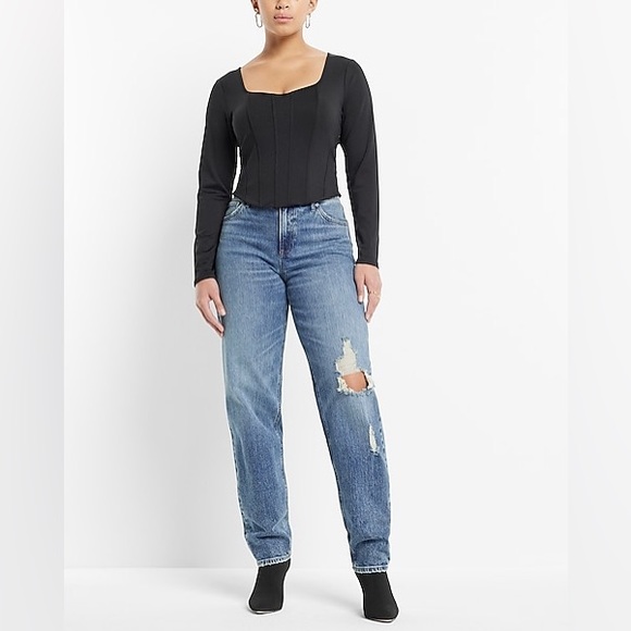 Brand New Express Mid Rise Medium Wash Ripped Baggy Tapered Jeans - Picture 3 of 5